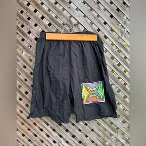 Vintage Black Swim Shorts with Colorful Patch